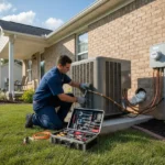 HVAC technician replacing a central air conditioner outside a residential home