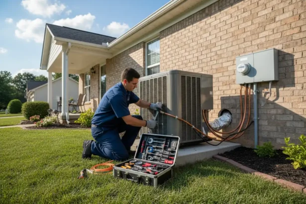 HVAC technician replacing a central air conditioner outside a residential home