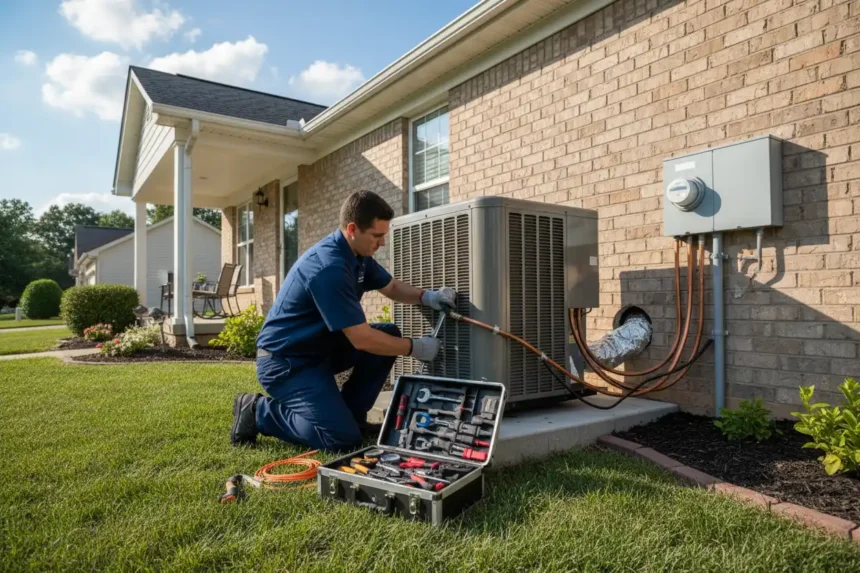 HVAC technician replacing a central air conditioner outside a residential home