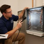 HVAC technician inspecting a residential evaporator coil inside an indoor HVAC unit