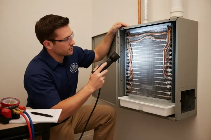 HVAC technician inspecting a residential evaporator coil inside an indoor HVAC unit