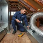 HVAC technician inspecting residential ductwork with diagnostic equipment