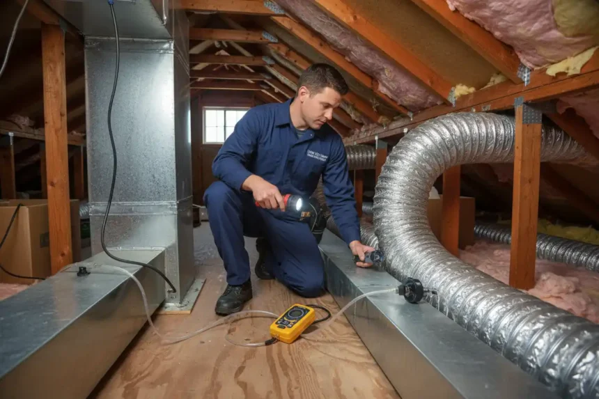HVAC technician inspecting residential ductwork with diagnostic equipment
