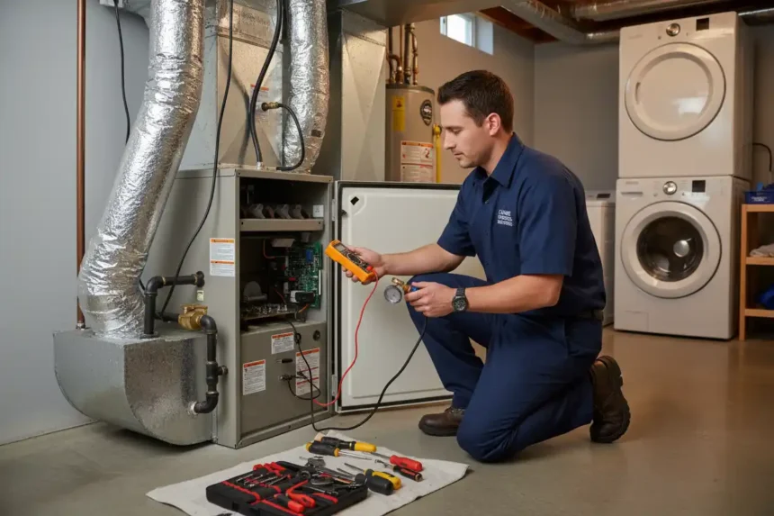 HVAC technician diagnosing a residential furnace in a utility room
