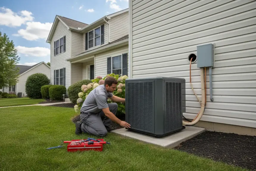 HVAC technician installing a residential air-source heat pump beside a home
