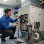 HVAC technician inspecting an aging residential air handler