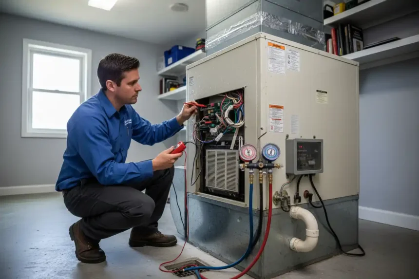 HVAC technician inspecting an aging residential air handler
