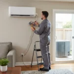 HVAC technician inspecting an existing ductless mini split before repair or replacement