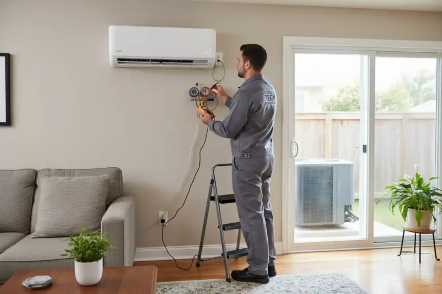 HVAC technician inspecting an existing ductless mini split before repair or replacement