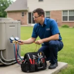 HVAC technician diagnosing a residential AC compressor in an outdoor condenser