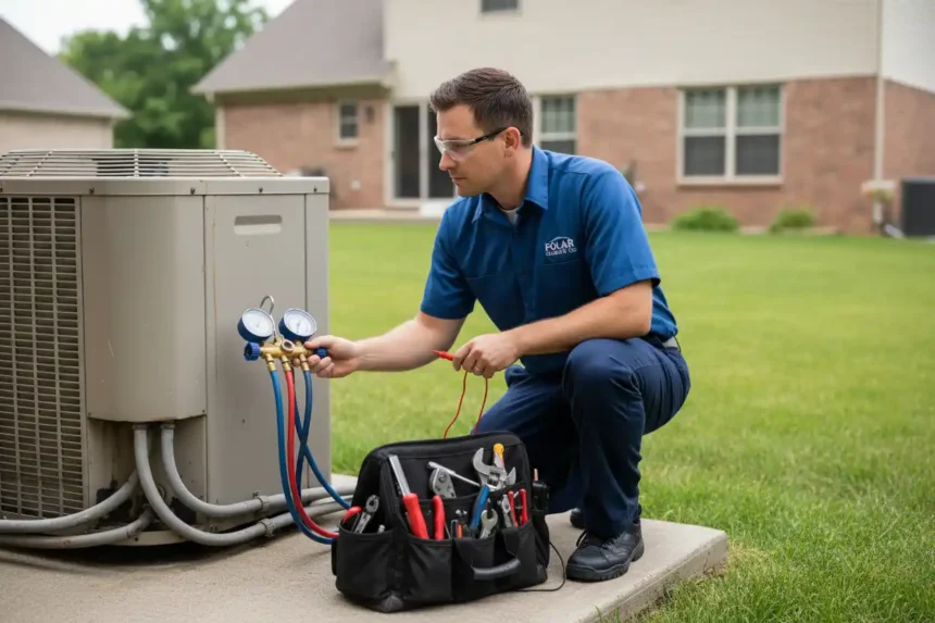 HVAC technician diagnosing a residential AC compressor in an outdoor condenser